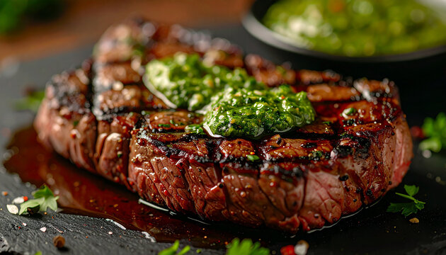 Grilled flank steak, juicy meat fibers, chimichurri sauce and creamy horseradish, culinary and restaurant concept. Tasty food