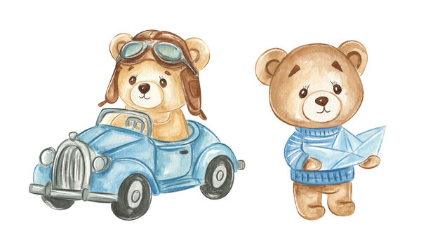 Cute watercolor illustration of teddy bears, one driving a car and another holding a paper boat