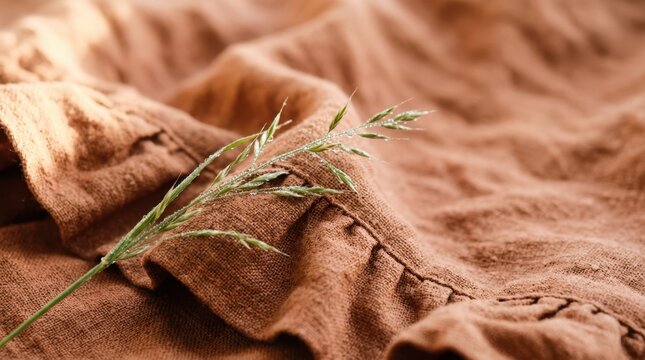Extreme close-up of terracotta bio-linen fabric with natural ruffles and a single wild grass stem. Focus on sustainable textile texture and summer morning light.
