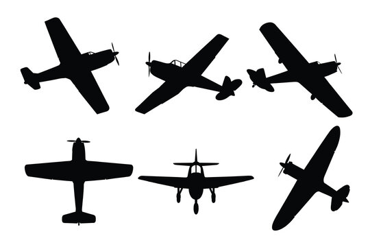Light Propeller Plane Silhouettes Set, Vector Illustration of Private Aircraft and General Aviation Airplanes Isolated on White Background