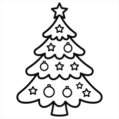 Fototapeta premium Black and white line of a decorated christmas tree with star and ball ornaments