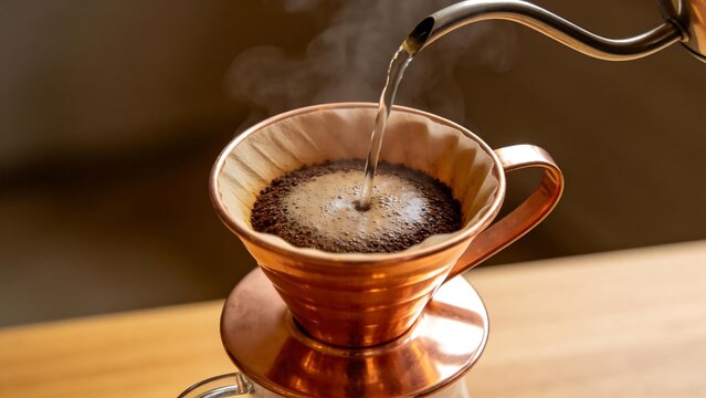 Coffee being poured into a copper dripper