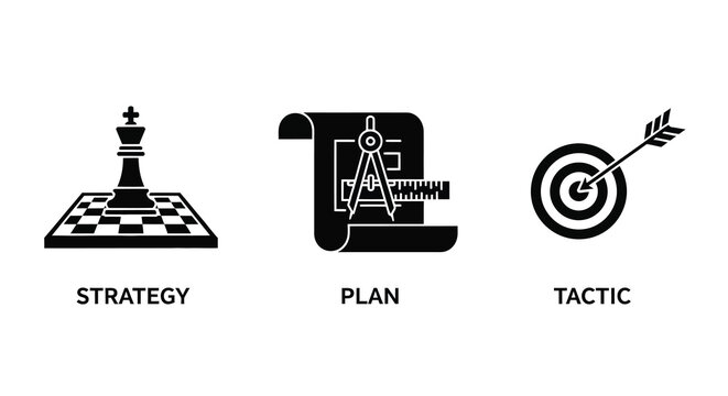Chess drafting tools and archery representing strategy plan and tactic silhouette