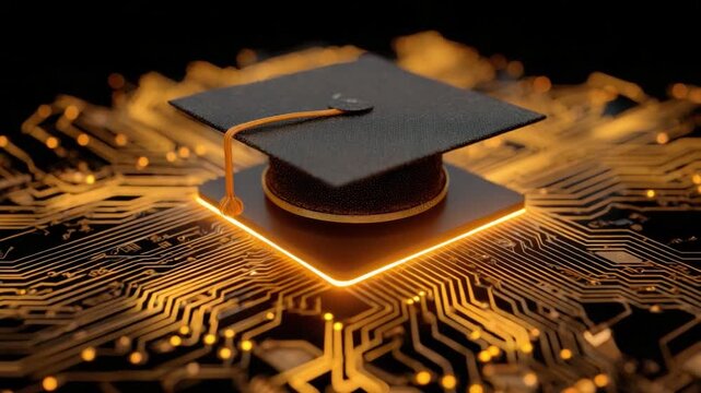 Education in the Digital Age: A symbolic representation of education, with a graduation cap resting on a glowing digital circuit board. This image reflects the fusion of learning and technology.