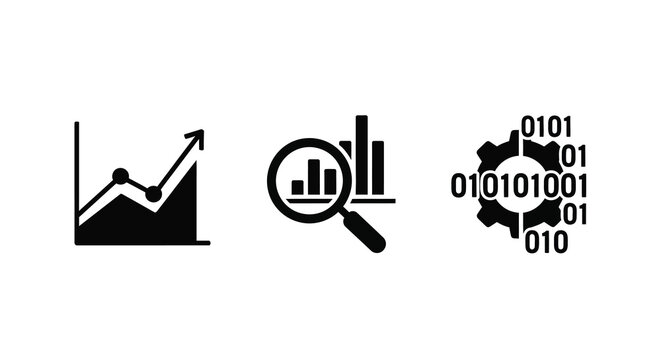 Data analysis icons featuring growth research and digital technology silhouette
