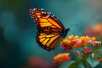 Obraz premium Vibrant Monarch Butterfly Resting on Colorful Flowers in Natural Habitat