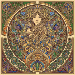 Fototapeta premium Art nouveau-style illustration, woman with flowing hair, floral frame