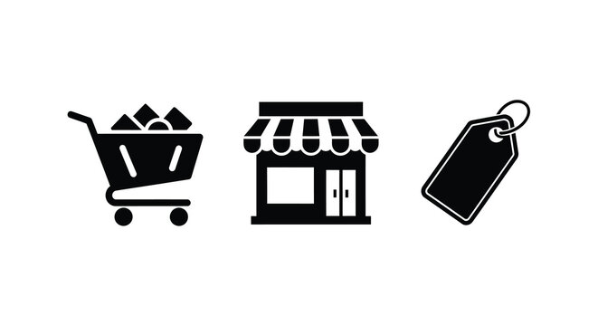 Shopping cart store and price tag icons in a black silhouette