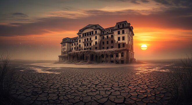 Abandoned hotel on dry lake bed.