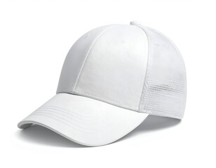 Fototapeta premium A white baseball cap with a mesh back and curved brim