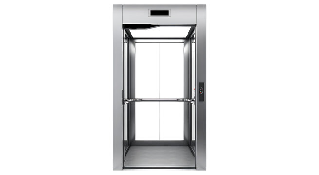 Modern elevator lift with glass walls and metal frame isolated on transparent checkered background.