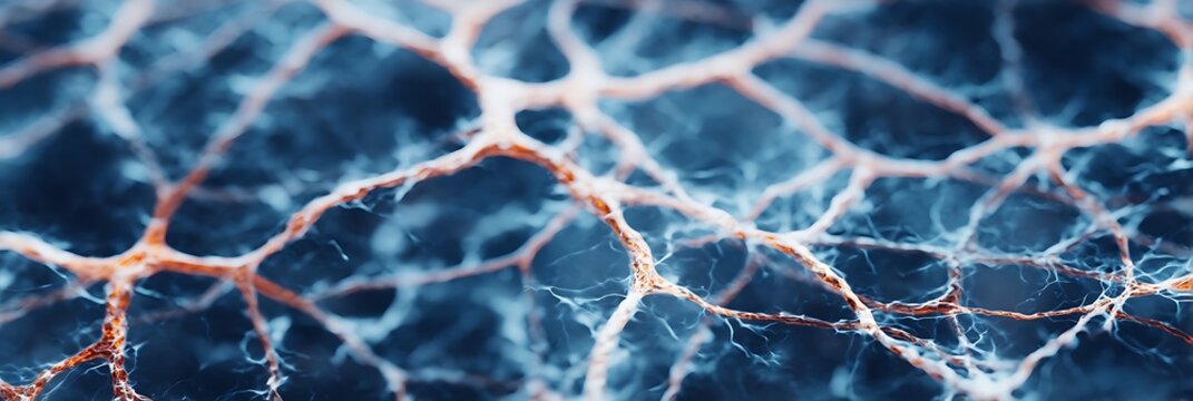 Close-up of an intricate network resembling neural or vascular systems, with glowing orange pathways on a dark blue textured background.