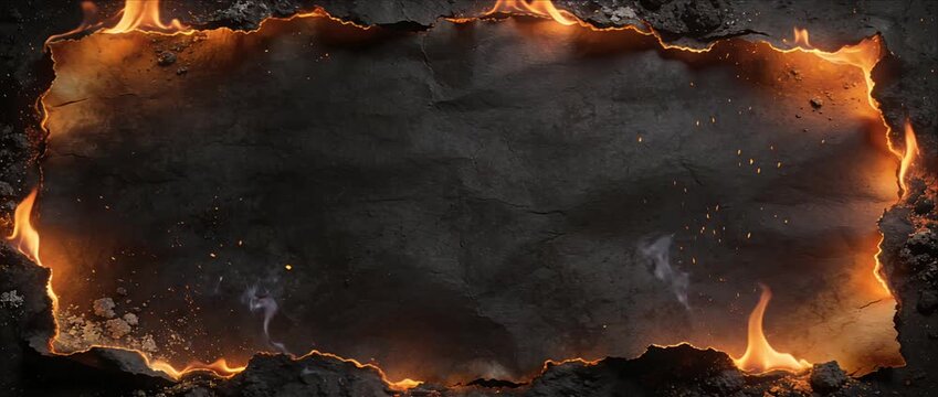 Burning paper border frame fire edge background with charred texture, dark ash smoke, dramatic flame frame design and burnt paper fire border, scorching fiery outline, hot glowing smoke detail