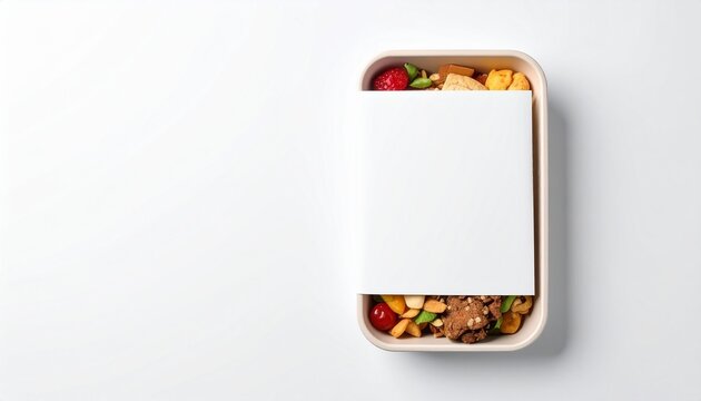 A firefly-inspired food tray with a blank paper label holds colorful food and is rendered in 3D.