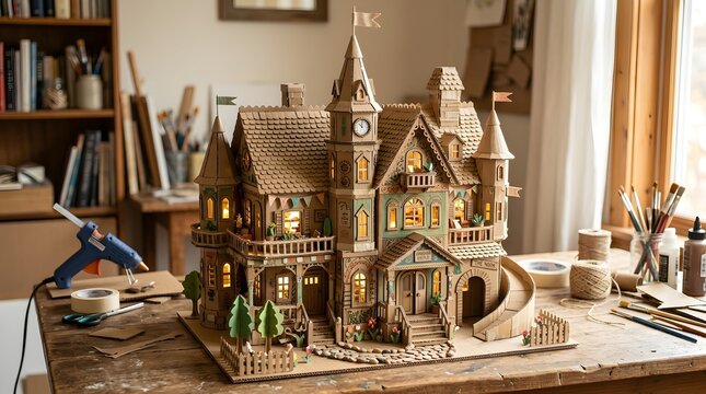 A miniature, intricately designed, multi-story wooden house with turrets and balconies sits on a cluttered workbench surrounded by crafting tools