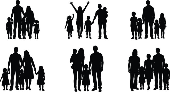 "Silhouette illustration of six family groups with adults and children in diverse poses including walking, holding hands, carrying, and standing together for design projects"