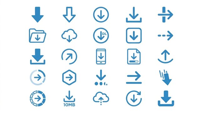Collection of blue download and upload arrow icons on white background, representing data transfer and digital actions.