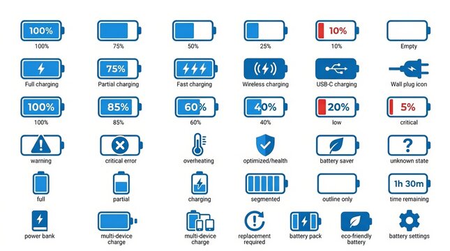 Collection of battery level icons showing various charge states and alerts