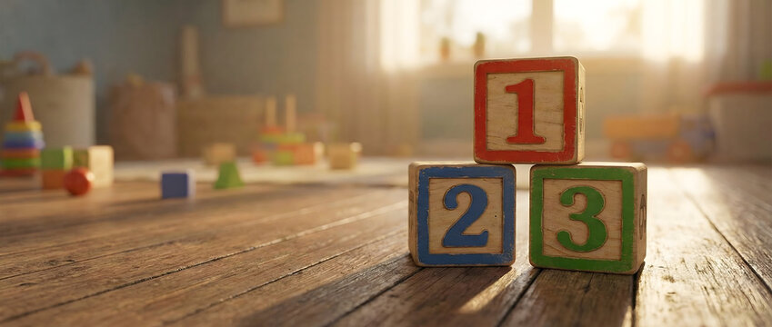 Colorful wooden number blocks arranged to spell out onetwothree on a wooden playroom table with scattered children toys in background