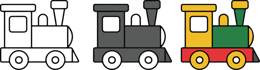 Colorful toy steam train locomotive vector icon set featuring minimalist line art black and white and vibrant versions. © MDESAHAQUE