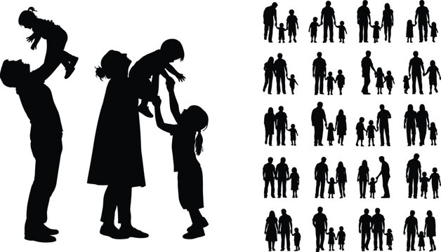 Silhouettes of diverse family groups with parents and children in various poses, black figures isolated on white background, concept of family bonding, relationships, and togetherness illustration