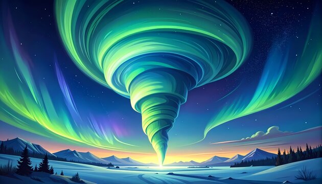 Surreal Green Vortex Aurora Borealis Over Snowy Mountain Landscape