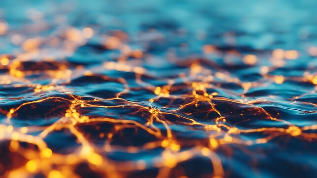Close-up of blue water surface with glowing orange light reflections creating a dynamic, abstract pattern.
