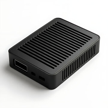 compact edge computing device with ventilation detail isolated on white background