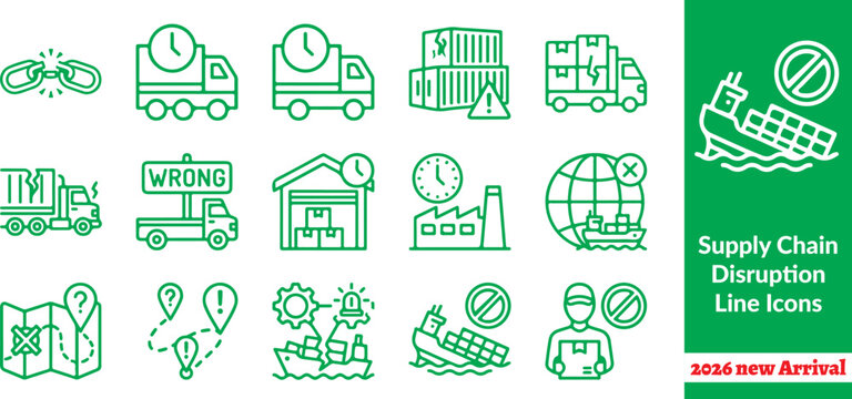 Supply Chain Disruption Line Icons &ndash; Logistics Crisis System