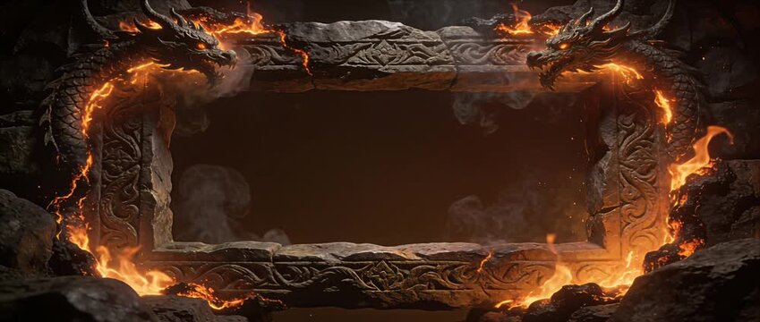 Fantasy dragon frame fire border molten stone glowing lava dark cave mystical smoke ancient carving epic background dramatic flame cinematic design burning stone portal fiery border mythical creature