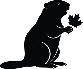 Obraz premium Beaver silhouette holding a maple leaf, canada symbol