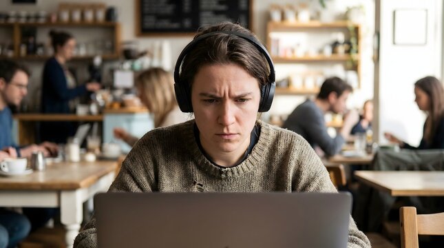 Focused woman with headphones working intensely on laptop computer in crowded cafe