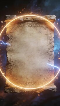 Ancient scroll magic circle fantasy background with lightning effect and glowing frame stone texture blank parchment mystical light arcane symbol and enchanted paper fantasy scroll magic circle