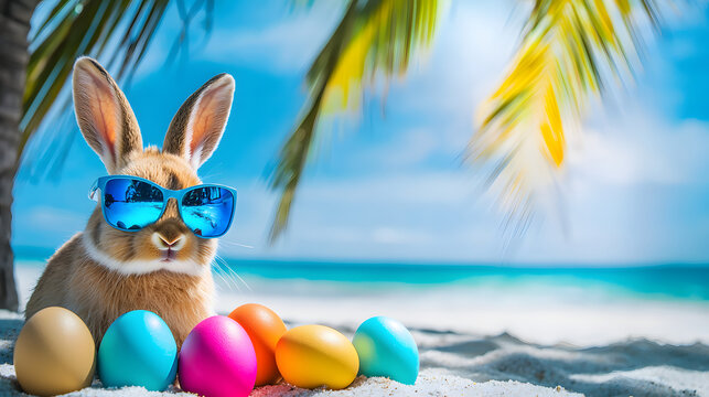 A bunny wearing glasses sits next to Easter eggs on a tropical beach with palm trees on a sunny day