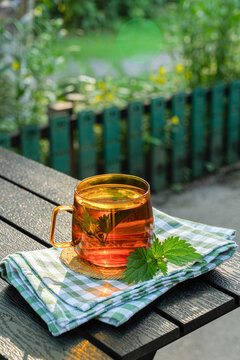 Herbal detox tea in garden for calming natural care