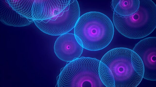 Floating glowing teal and purple neon spirograph spheres with overlapping circular lines on dark background. Abstract digital sacred geometry art perfect for science technology and modern themes.