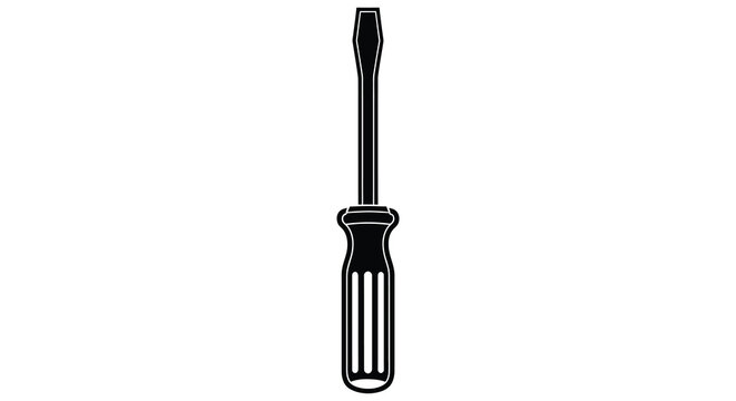 Simple black silhouette of a flathead screwdriver against a white background