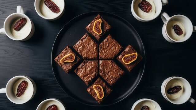 A plate of brownies with orange slices on top surrounded by coffee cups on a black table