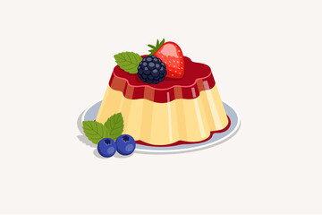 Creamy custard pudding topped with fresh blueberries and mint leaf. © Akasha Design