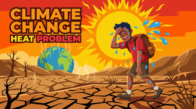 Climate change and global warming illustration showing a sweating person in a desert drought with a melting earth and intense heat.