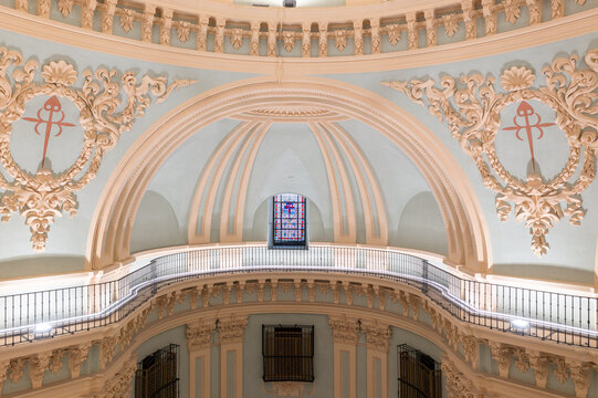 Restoration details inside a monastery basilica with marble