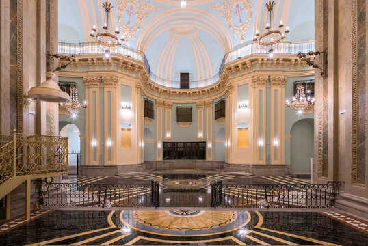 Restored monastery basilica interior with marble floor