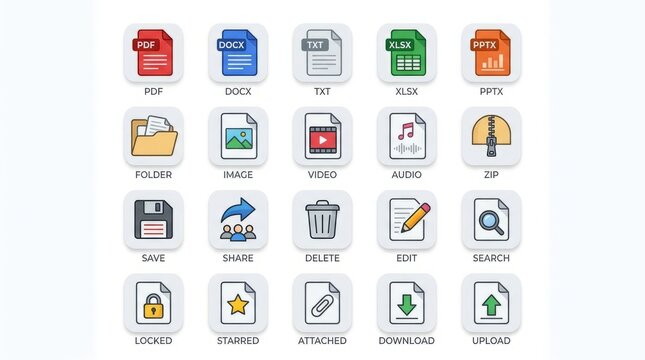 Collection of diverse digital document and file icons for organization and management