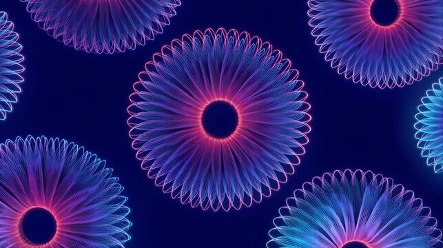 Repeating pattern of glowing teal and pink neon spirograph wheels on a dark blue background. Abstract digital sacred geometry art perfect for technology science and modern creative themes.