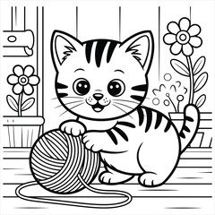 Obraz premium A cute little kitten playing with a ball of yarn in a garden