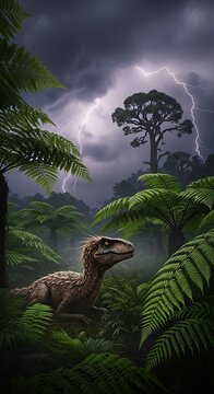 Dinosaur in a prehistoric stormy jungle.