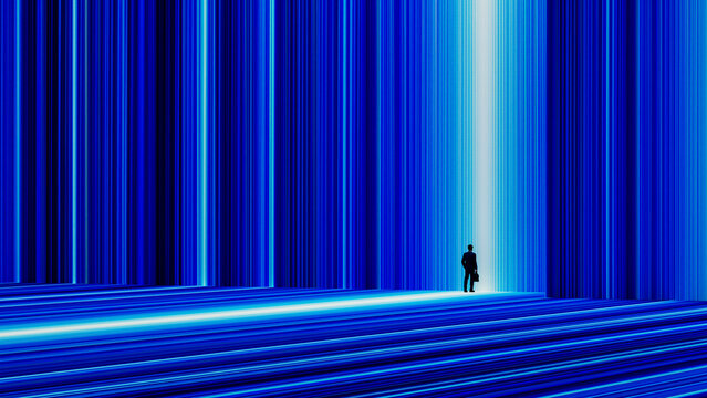 Businessman steps into a new dimension through a glowing portal