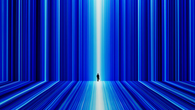 Businessman steps into a new dimension through a glowing portal