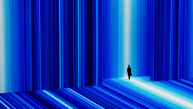 Businessman steps into a new dimension through a glowing portal