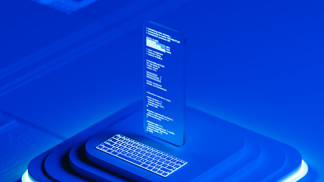 Programming code displayed on glass screen in 3D environment